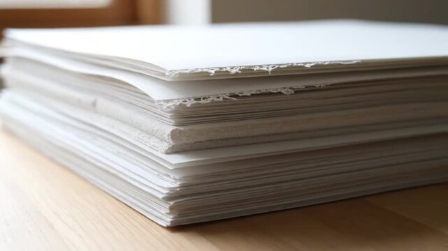 Close-up of a rustic stack of handmade white textured art paper on a wooden desk perfect for creative projects painting drawing and crafting