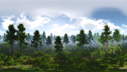 Panoramic view of a pine forest under a cloudy sky