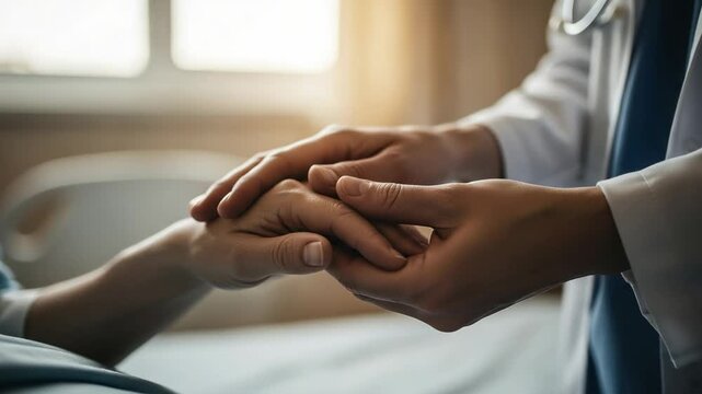 Doctor holding patient's hand for comfort and support. Close up of a compassionate healthcare professional showing empathy in a hospital setting.