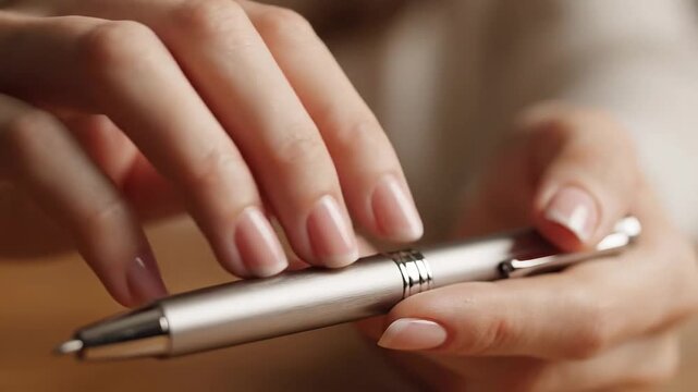 Close-up of a person's hands clicking and fidgeting with a silver pen in a relaxed environment