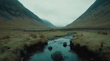 Serene landscape with a river flowing between mountains under a cloudy sky