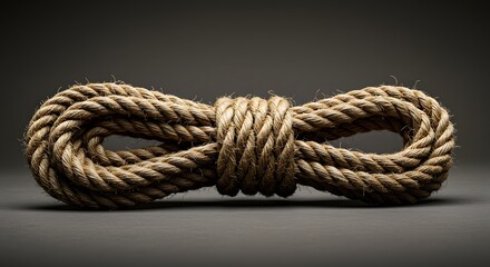 A tightly knotted piece of natural fiber rope positioned symmetrically on a dark background