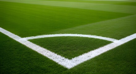 Obraz premium Soccer field corner with white line marking on green grass