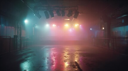 Naklejka premium Vibrant empty dance floor with colorful lights and fog before an event