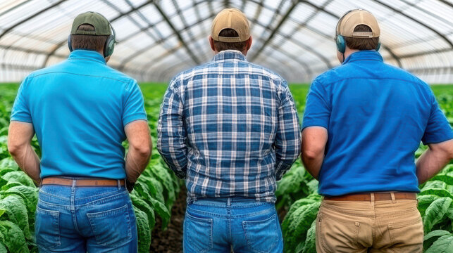 Farmers Examining Green Leafy Crops in Glasshouse with Care, Showcasing Sustainable Agriculture and Hard Work of Rural Life