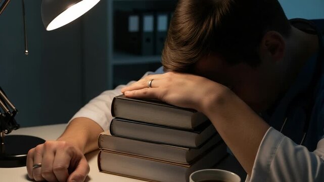 Exhausted male doctor or medical student asleep on a stack of books at his desk. Overworked young physician experiencing burnout while studying late at night.