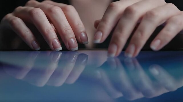 Gentle hands with elegant French manicure tapping on glossy surface creating delicate sounds