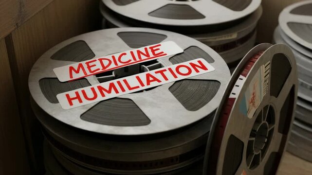 MEDICINE HUMILIATION text on vintage film reels. Conceptual image about medical ethics, patient abuse, and historical malpractice archives.