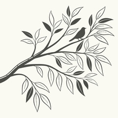 Fototapeta premium Stylized Bird on Branch with Leaves Minimalist Illustration.