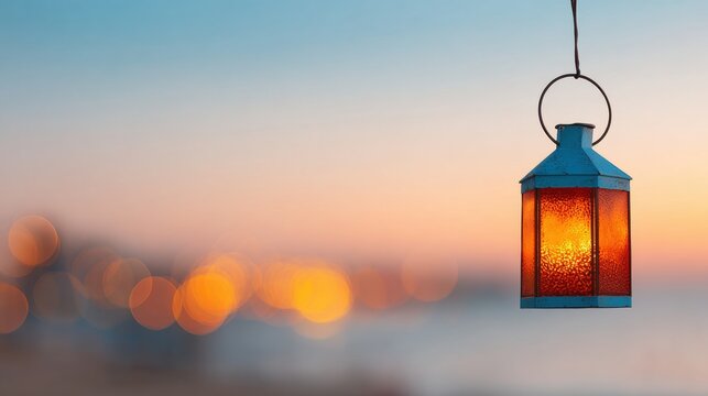 Lantern illuminates seaside view at dusk with shimmering bokeh effect