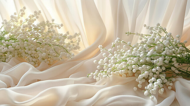 Elegant bouquet of white lily of the valley flowers on a soft, flowing cream silk or satin fabric. Luxurious and romantic background for a wedding, spring celebration, or beauty product display. Conce