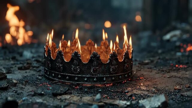 Burning crown on scorched earth. Loss of power, end of reign concept.