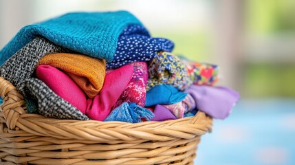 Obraz premium Colorful Assortment of Textiles in a Woven Basket on a Surface