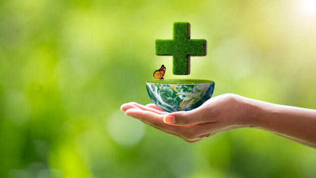 Environmental Wellness Concept A Hand Holding Earth Globe with Green Cross Symbolizes Healthcare and Ecological Balance for a Sustainable Future and Global Health