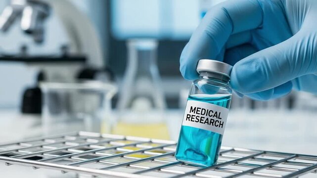 Scientist in a laboratory holding a vial labeled Medical Research for vaccine or drug development
