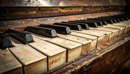 Close-up of a weathered antique piano keyboard