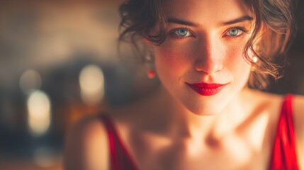 Woman with striking blue eyes and red lips in a close-up portrait
