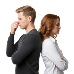 Disconnection shown through a couple's silent standoff on a clean screen backdrop