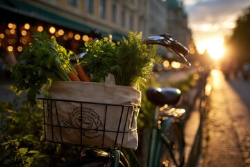 A bicycle with a basket of fresh vegetables parked on a sunlit street during sunset