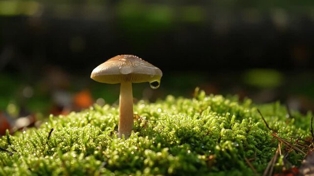 Stunning macro close-up of a lone mushroom thriving on vibrant green moss adorned with glistening water droplets in a sunlit forest scene showcasing natural bea
