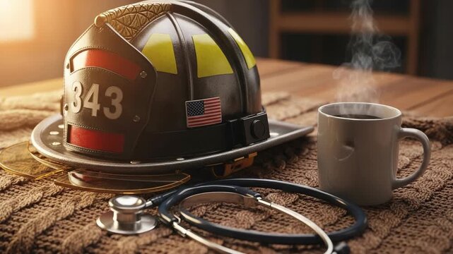 First Responder Still Life with Firefighter Helmet, Stethoscope, and Hot Coffee. A tribute to emergency service heroes and medical professionals.
