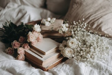 A cozy arrangement of vintage books surrounded by delicate flowers on a soft bedspread