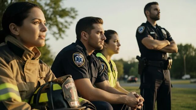Portrait of a diverse group of first responders, including a firefighter, paramedic, and police officer, looking on with determination at sunset.