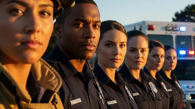 Diverse group of first responders including police officers and a firefighter standing together. Emergency services team showing unity and dedication at sunset.