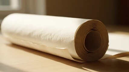 Warm close-up of a large roll of light brown craft paper unrolling on a wooden surface bathed in gentle natural light Ideal for rustic design creative projects  - Powered by Adobe