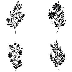 Four delicate black floral botanical illustrations with intricate leaf and petal details on a white background