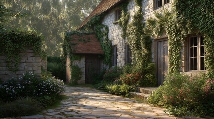 A tranquil English cottage garden with creeping ivy, stone walls, bushy privacy planting, soft morning light