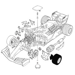 A detailed technical illustration showing the exploded view of a Formula 1 race car with all its disassembled parts.