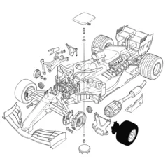 Fototapete Rund F1 A detailed technical illustration showing the exploded view of a Formula 1 race car with all its disassembled parts.  © Vhya