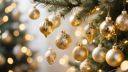 Fototapeta premium A festive Christmas scene featuring a collection of shimmering gold and silver ornaments hanging from lush pine tree branches. Christmas, Christmas Tree, Merry Christmas, Christmas Background