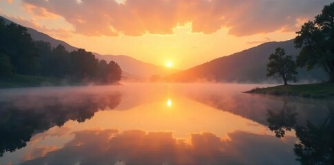 Fototapeta premium Serene sunrise over a tranquil lake, mist clinging to the water, bathed in golden light Perfect idyllic scenery, peaceful, calm, and breathtakingly beautiful , colorful, harmony