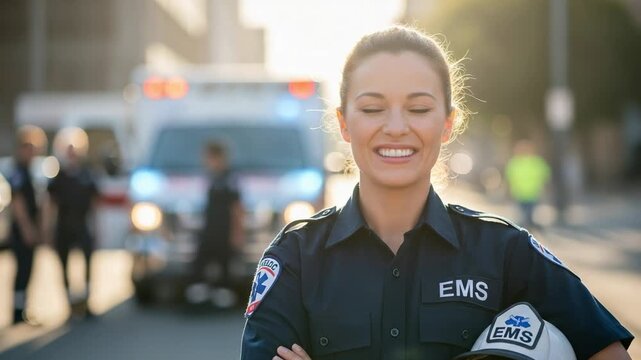 Confident female paramedic smiling proudly in front of an ambulance. Portrait of a professional EMS first responder on a city street.