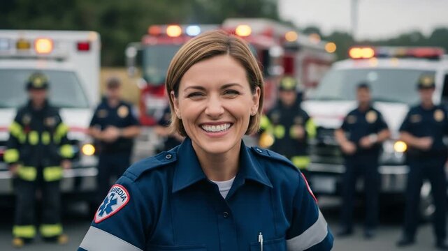 Portrait of a confident Caucasian woman EMT with first responders and emergency vehicles in the background.