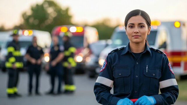 Portrait of a confident female paramedic in uniform standing outdoors with her emergency response team and ambulances in the background.