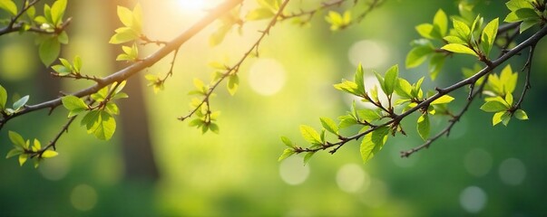Obraz premium Soft sunlight filters through budding branches, illuminating a tranquil spring scene Gentle breezes rustle new leaves, creating a peaceful atmosphere of calm and renewal , natural light, sky, eco