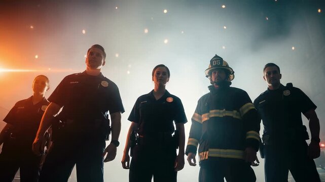 Heroic group of diverse first responders, police officers and a firefighter, standing together at an emergency scene at night. Low angle shot showing bravery and teamwork.