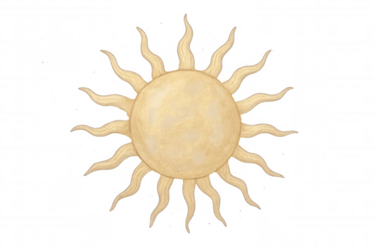 Radiant golden sun illustration with transparent backdrop, emanating warmth, highlighting summer and natural design concepts