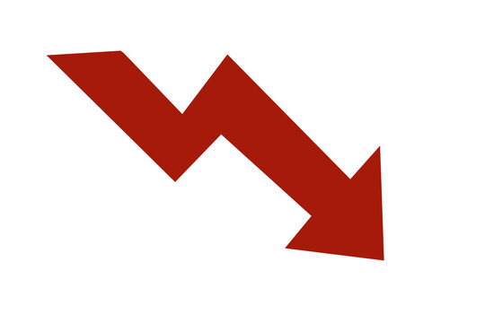Dramatic red jagged arrow pointing diagonally downward against a black backdrop.