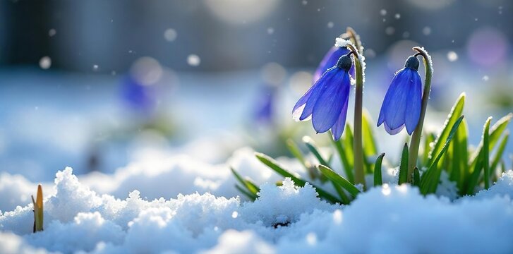 Delicate bluebells bravely blooming amidst a dusting of winter snow, a scene of serene resilience Frozen ground, icy details, delicate petals, contrasting colors , ground, blooming, botany