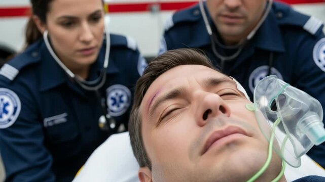 Close up of an injured man with a head wound receiving oxygen from paramedics. Emergency medical team providing first aid to a patient on a stretcher.