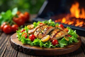 Grilled chicken salad with vibrant veggies on a rustic wooden board next to a sizzling barbecue grill, perfect summer meal ,  tomato,  charred
