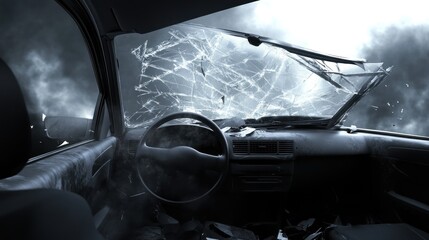 Shattered car windshield accident