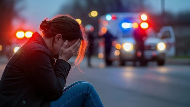 Distressed woman crying at an accident scene. Grieving female victim sits in despair with ambulance and police lights in the background.