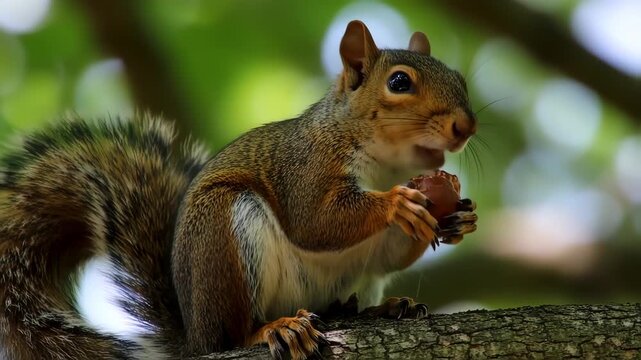 Close-up of a squirrel holding a nut on a tree branch