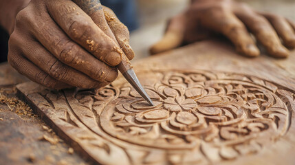 Skilled artisan carving intricate wood design with chisels on wooden board, showcasing craftsmanship and detail in traditional art form