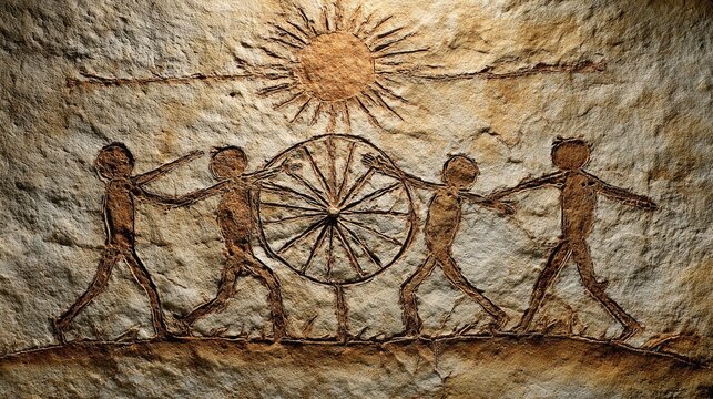 Ancient rock carving; figures, sun, wheel